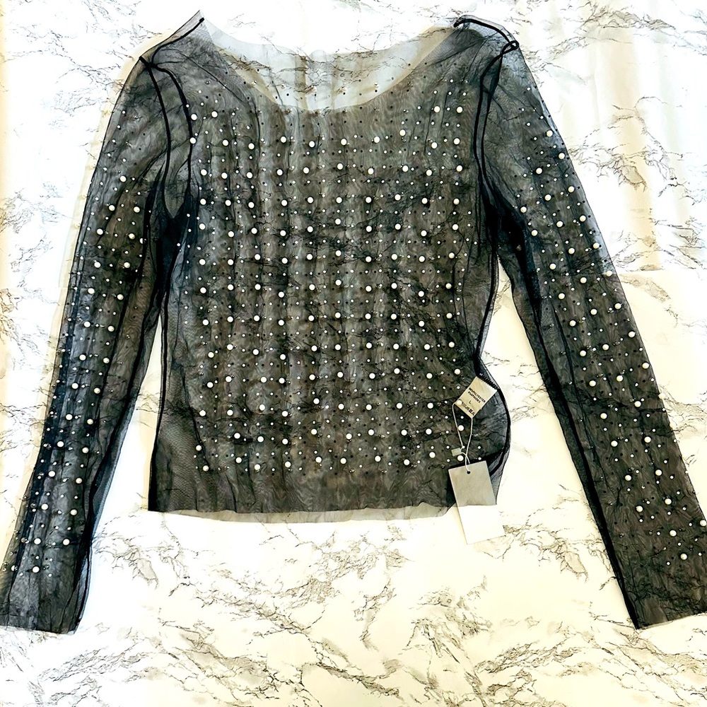 Modegal Women's Pearl Rhinestone See Through Long Sleeve Mesh Blouse